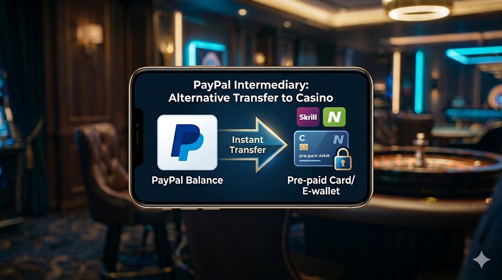 Diagram of a PayPal balance transferring instantly to Skrill, Neteller and prepaid cards to fund non gamstop sites with paypal