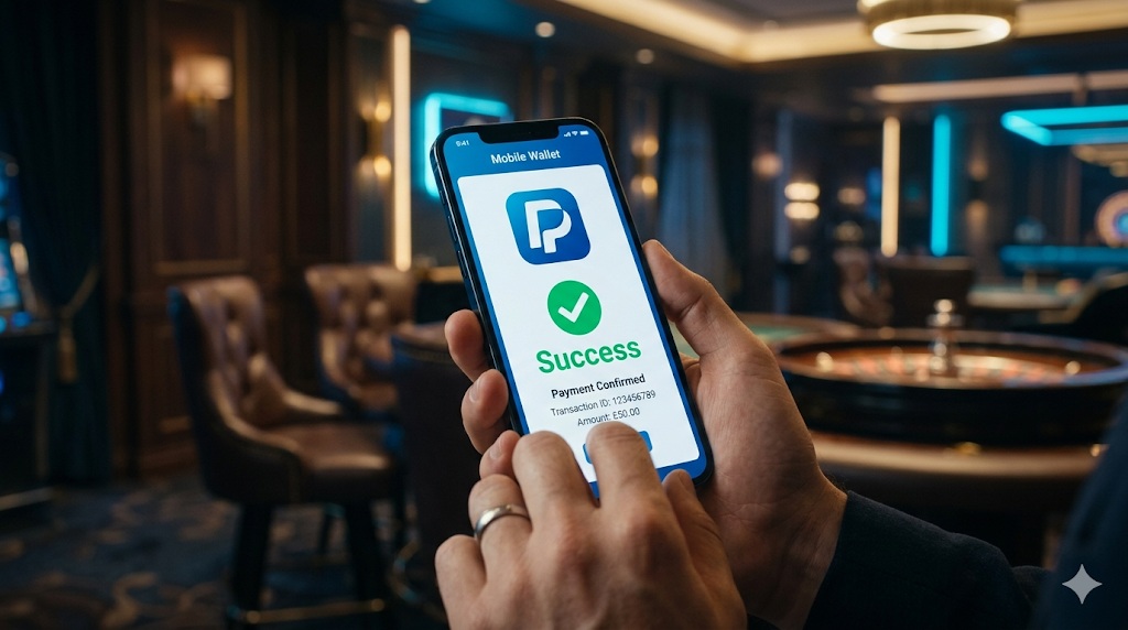 A confirmed PayPal payment on a phone inside a casino, showing how non gamstop casinos with paypal handle instant deposits