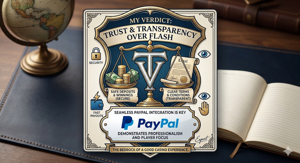 My-verdict infographic weighing secure deposits, fast payouts and clear terms when choosing a paypal casino not on gamstop